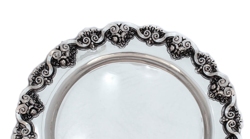 FINE 925 STERLING SILVER HANDCRAFTED EMBOSSED FLORAL & SHELL ROUND TRAY