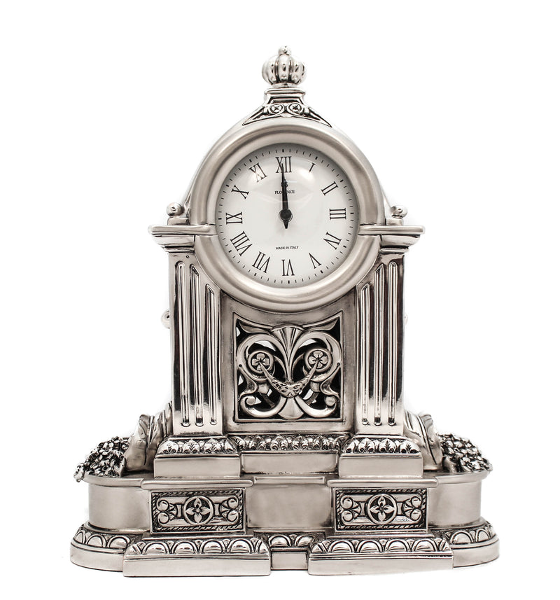 FINE ITALIAN SILVER PLATED SWIRL CHASED ORNATE TABLE CLOCK