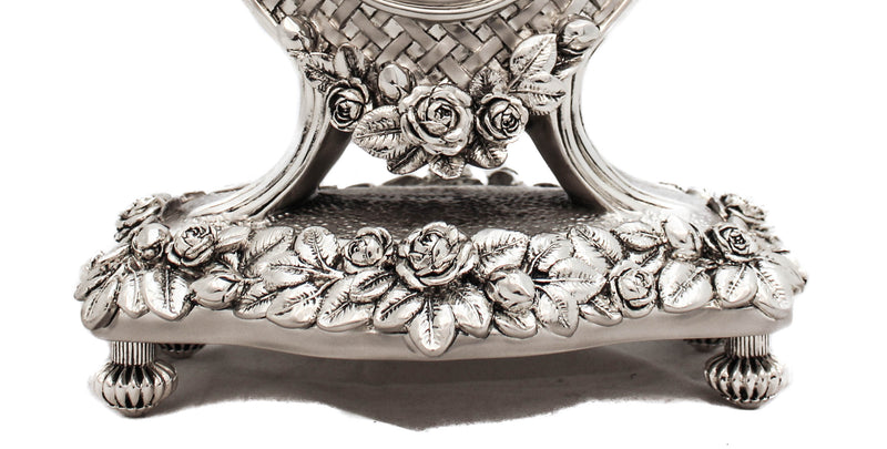 FINE ITALIAN SILVER PLATED SWIRL CHASED FLORAL TABLE CLOCK