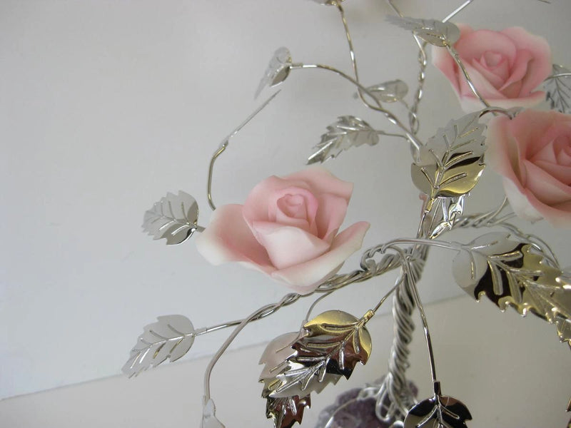 ITALIAN SILVER PLATED & PAINTED PORCELAIN PALE PINK ROSE TREE & ROCK