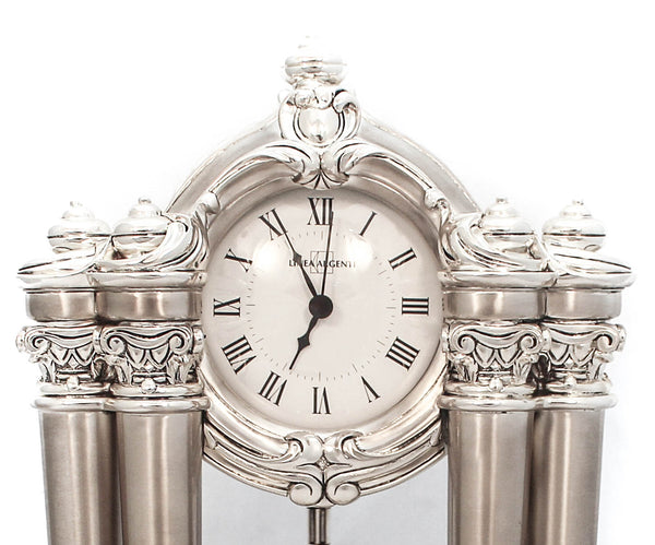 FINE ITALIAN SILVER PLATED FLORAL COLUMN SWIRL TABLE CLOCK WITH PENDULUM
