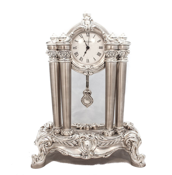 FINE ITALIAN SILVER PLATED FLORAL COLUMN SWIRL TABLE CLOCK WITH PENDULUM