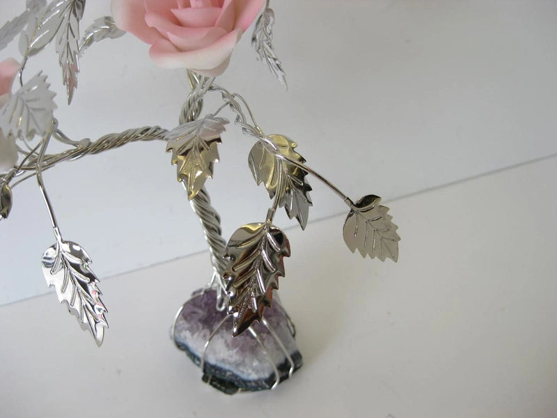 ITALIAN SILVER PLATED & PAINTED PORCELAIN PALE PINK ROSE TREE & ROCK