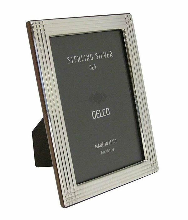 Italian 925 Sterling Silver & Wooden Back Glossy Striated Border Picture Frame
