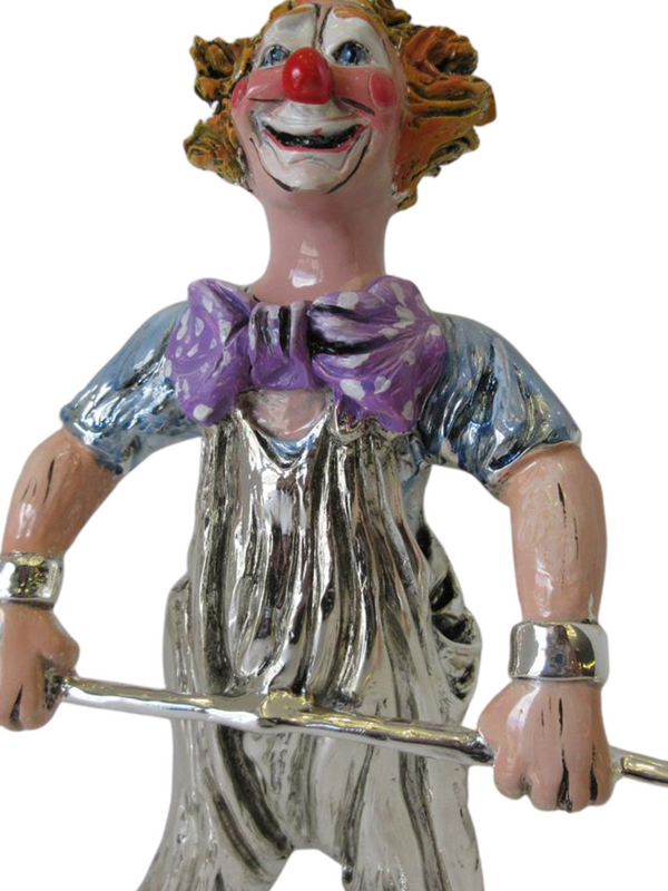 ITALIAN SILVER PLATED & MULTI COLOR ENAMEL CLOWN LIFTING WEIGHTS FIGURINE